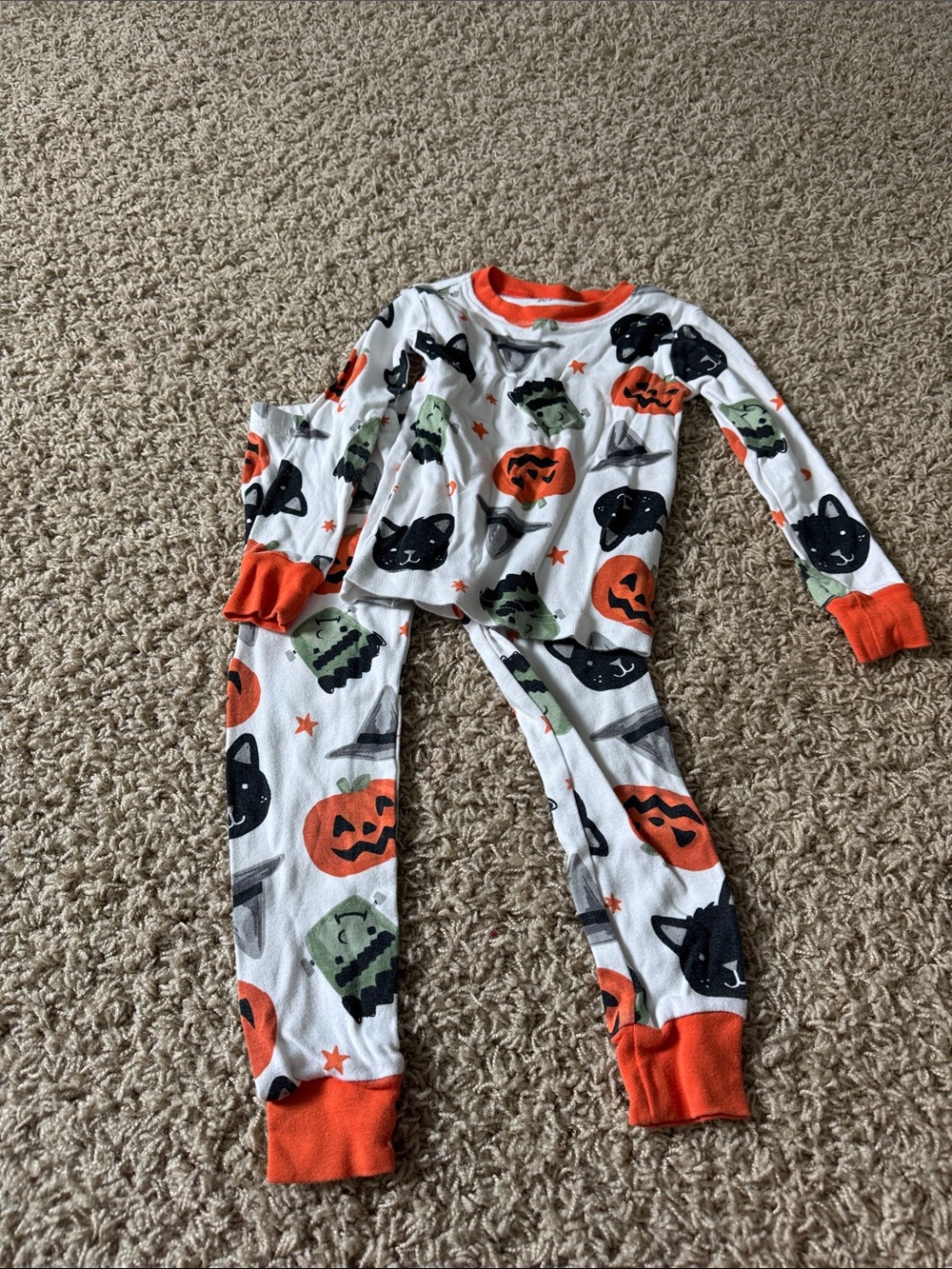 Kids Halloween Pajama Set with Orange Trim - Pumpkin & Black Cat Print - Picture 1 of 7